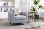 Victoria 33.5" Light Gray Linen Fabric Armchair with Metal Legs, Side Pockets, and Pillow