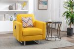 Victoria 33.5" Yellow Linen Fabric Armchair with Metal Legs, Side Pockets, and Pillow