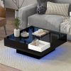 Modern Minimalist Design 31.5*31.5in Square Coffee Table with Detachable Tray and Plug-in 16-color LED Strip Lights Remote Control for Living Room