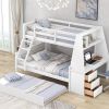 Twin over Full Bunk Bed with Trundle and Built-in Desk, Three Storage Drawers and Shelf,White