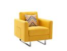 Victoria 33.5" Yellow Linen Fabric Armchair with Metal Legs, Side Pockets, and Pillow