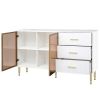 Modern Sideboard MDF Buffet Cabinet Marble Sticker Tabletop and Amber-yellow Tempered Glass Doors with Gold Metal Legs & Handles (White)