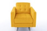 Victoria 33.5" Yellow Linen Fabric Armchair with Metal Legs, Side Pockets, and Pillow