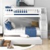 Full over Full Bunk Bed with Trundle and Staircase,White