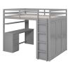 Full size Loft Bed with Drawers,Desk,and Wardrobe-Gray