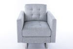 Victoria 33.5" Light Gray Linen Fabric Armchair with Metal Legs, Side Pockets, and Pillow