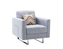 Victoria 33.5" Light Gray Linen Fabric Armchair with Metal Legs, Side Pockets, and Pillow